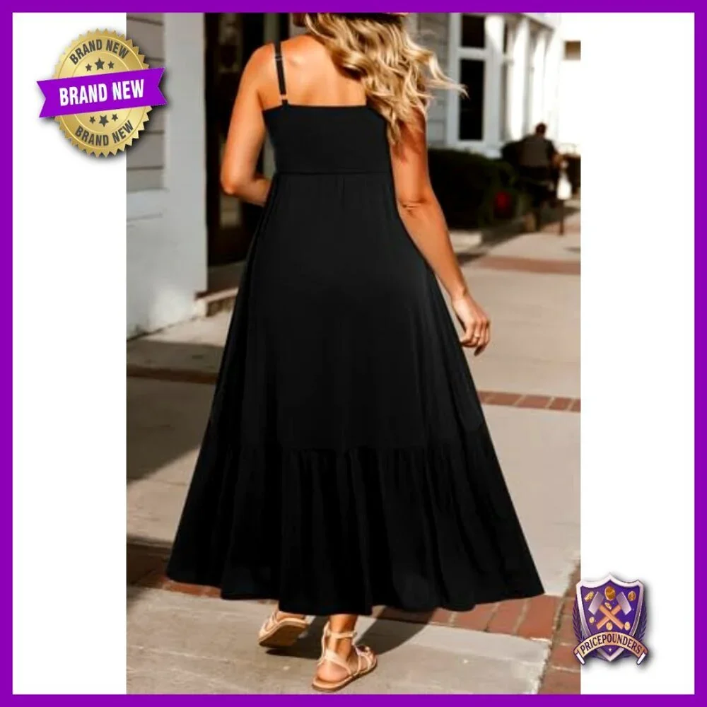 Plus Size Maxi Sundress with Ruched Bust Spaghetti Straps Pockets - Picture 4 of 7
